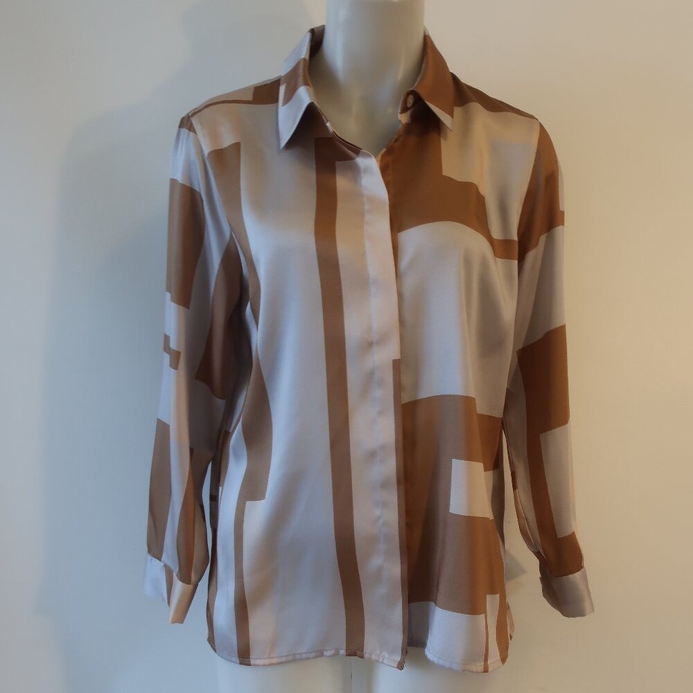 Womens Lafayette 148 Brown, Gray, Beige Button Down Print Blouse M